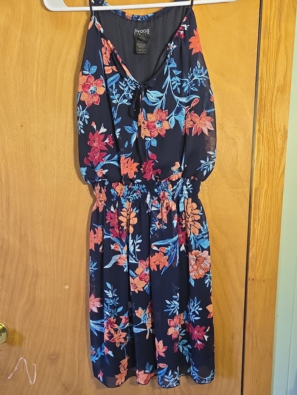 Enfocus Studio Black Midi Dress with Orange & Blue Floral Print